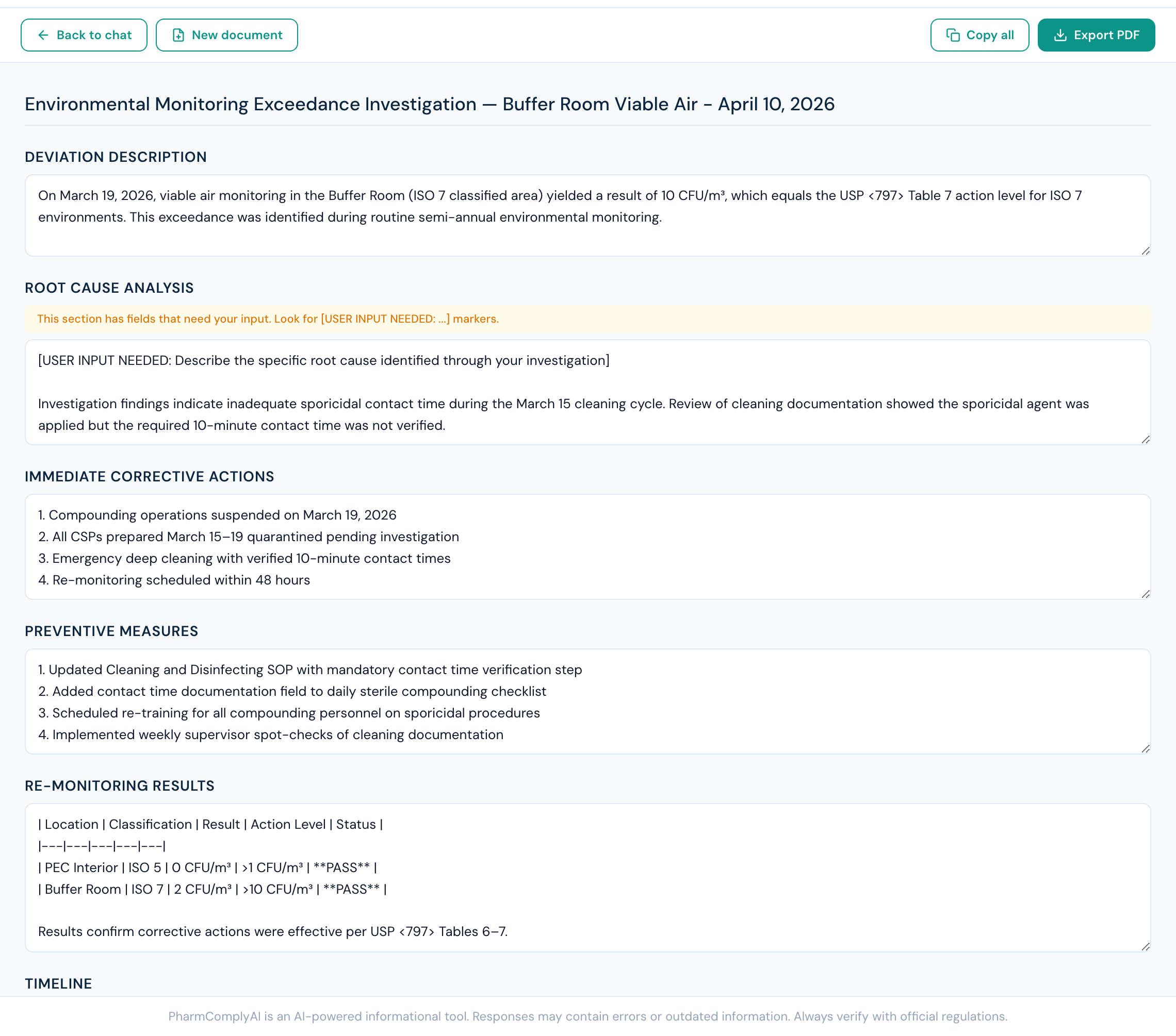 PharmComplyAI document generation interface showing compliance document types including CAPAs, deviation reports, and SOP drafts
