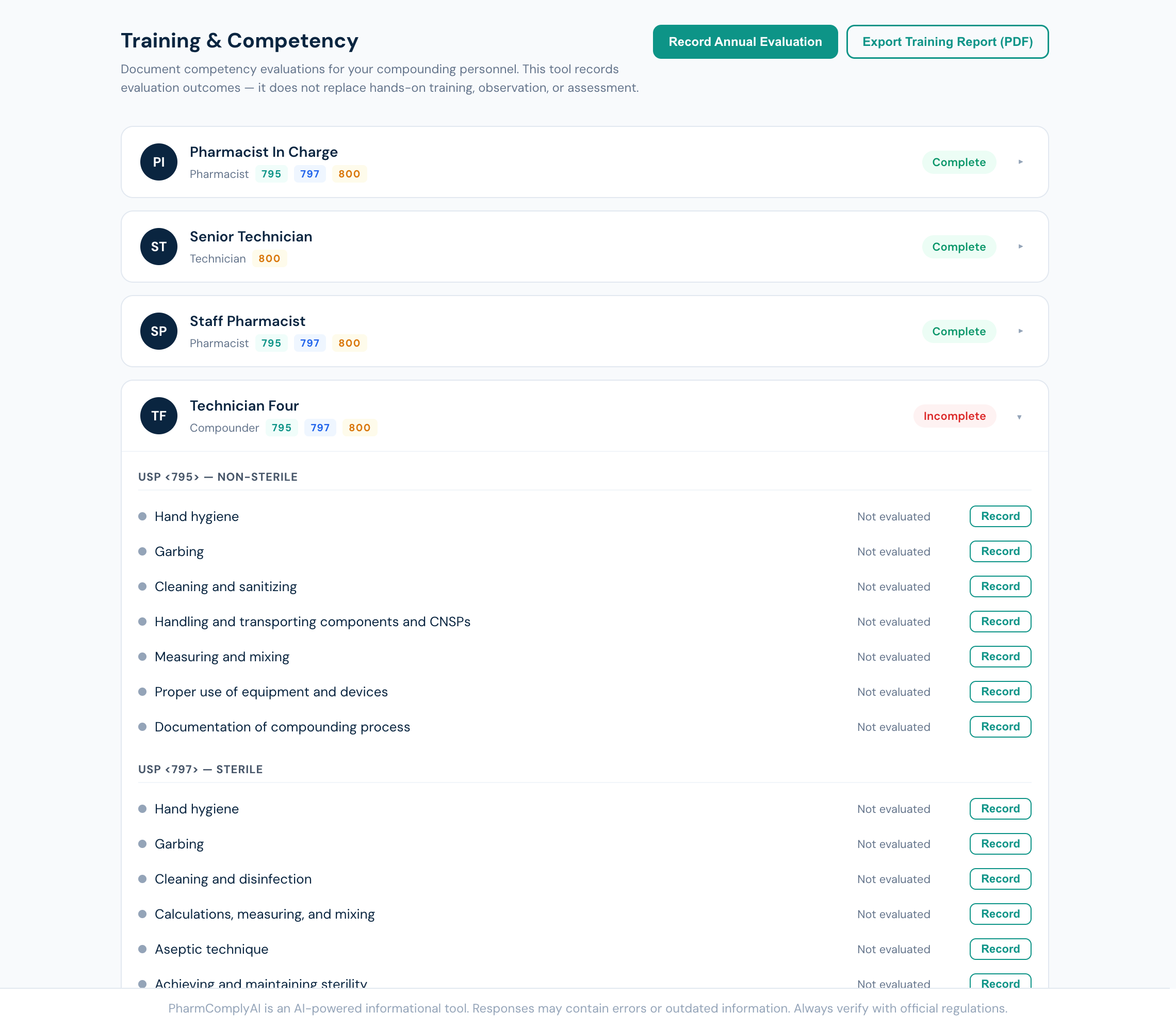 PharmComplyAI training module showing expanded staff competency evaluations with USP 795, 797, and 800 skill tracking and evaluation status